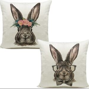 Linen Rabbit Print Throw Pillow Set NWOT Spring Easter 20” x 20”